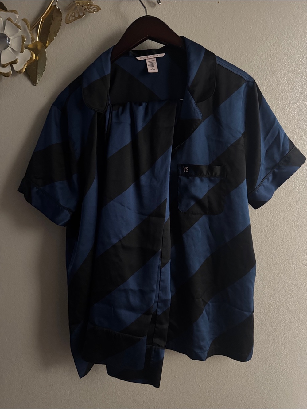 Victoria's Secret Blue and Black Diagonal Stripe Short Sleeve Pajama Top